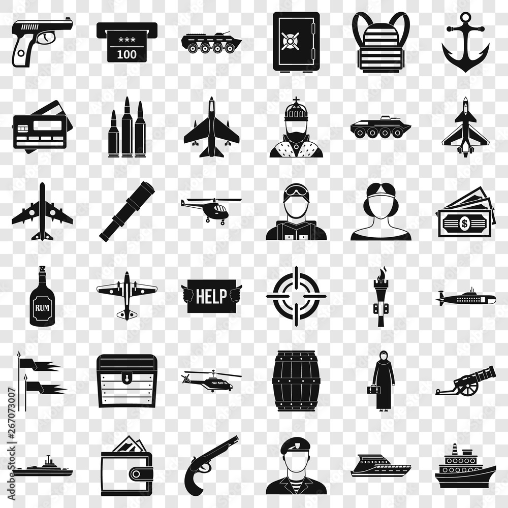 Poster combat gun icons set. simple style of 36 combat gun vector icons for web for any design