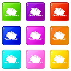 Broken piggy bank icons set 9 color collection isolated on white for any design