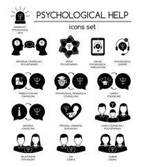 Psychological help. Set of black silhouette icons symbols for psychology counseling, consulting, psychotherapy.Flat design. Vector