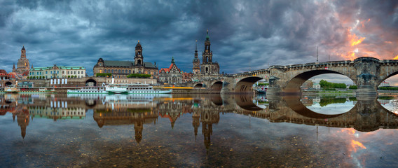 Dresden, Germany. Panoramic cityscape image of Dresden, Germany with reflection of the city in the...
