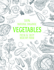 Farmer market card design. Hand drawn fresh vegetables set. Natural organic healthy food. Template for your design works. Engraved style vector illustration.