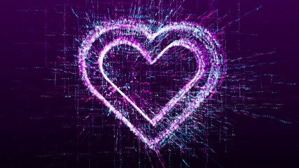 Digital animation of the sign of the heart and love in the virtual space of the future.Abstract idea concept.