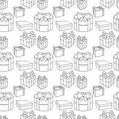 Colorful gift boxes with bows and ribbons. Vector seamless illustration. For holiday decoration, events, sales