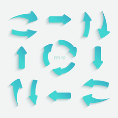 Set of turquoise paper cut arrows in different shapes with realistic shadows. 3d vector illustration for any design purposes.