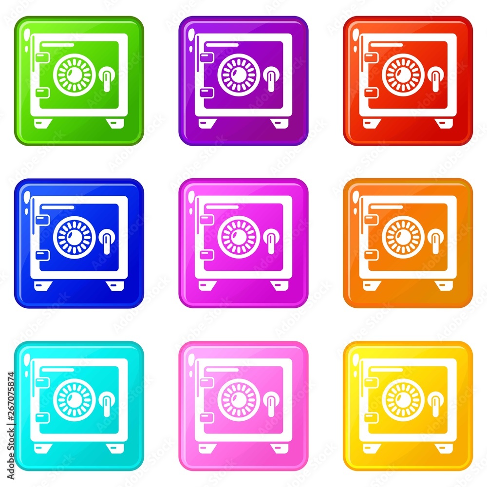 Poster safe icons set 9 color collection isolated on white for any design