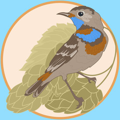  emblem logo beautiful nightingale sitting on a branch of hop cones