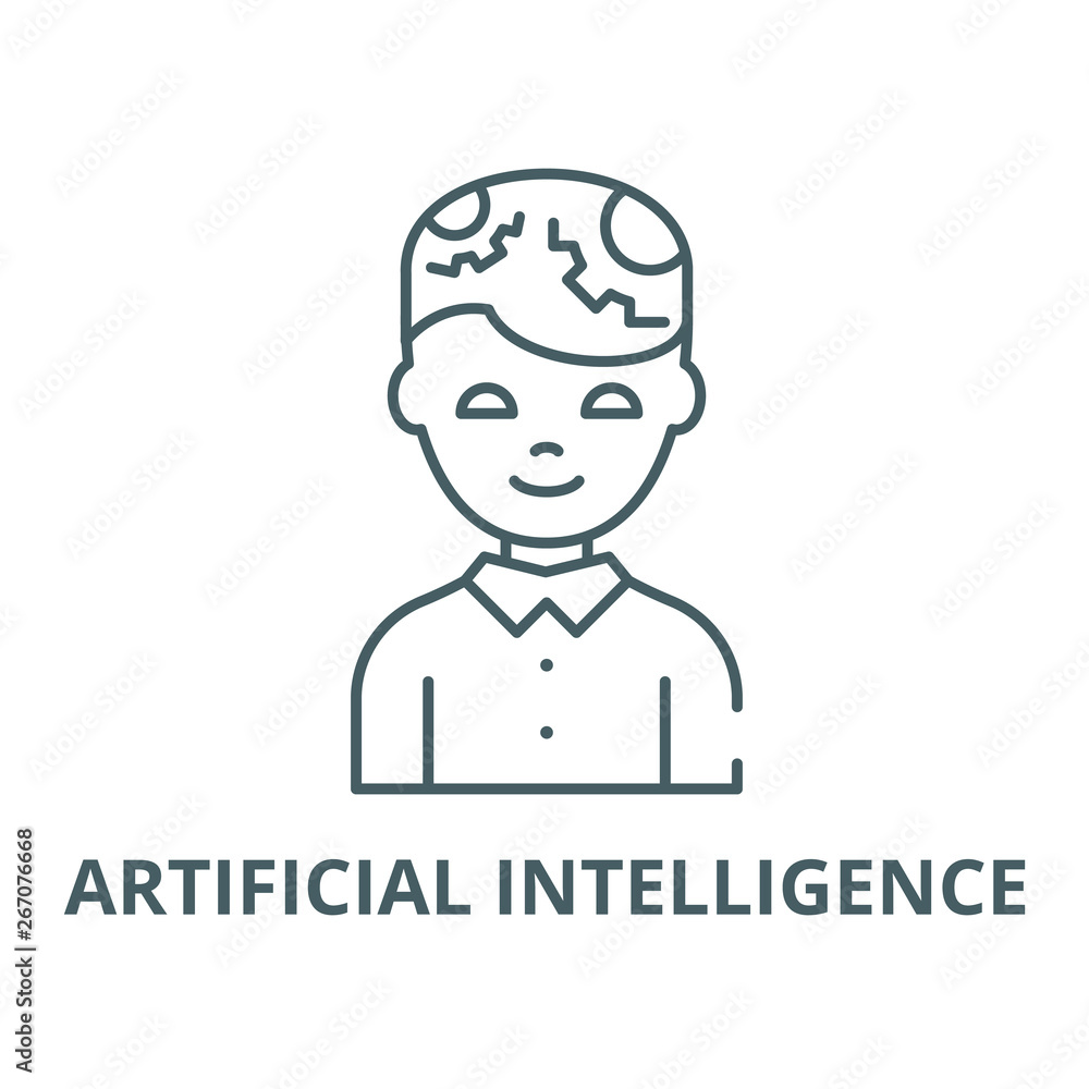Poster man with artificial intelligence vector line icon, outline concept, linear sign