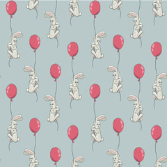 Seamless pattern with cute bunnies flies on the air balloon. Funny cartoon rabbits. Wallpaper or texture for textile.