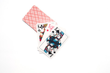 Deck of playing cards on a white background, copy space