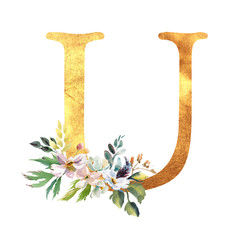 Romantic gold letter A with drawn watercolor flowers. Elegant emblem for book design, brand name, wedding invitation thanks card