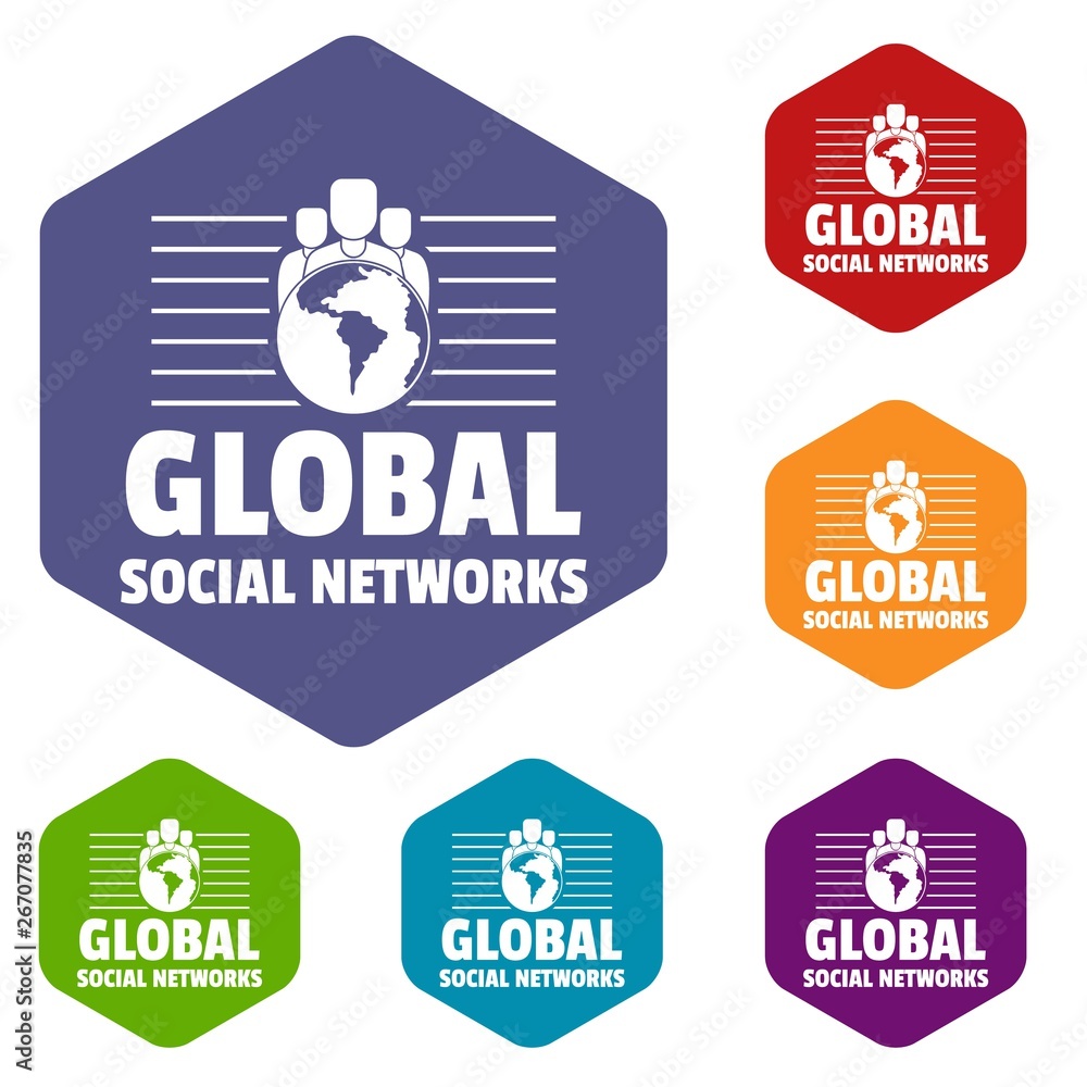 Poster global social networks icons vector colorful hexahedron set collection isolated on white