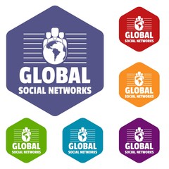 Global social networks icons vector colorful hexahedron set collection isolated on white 