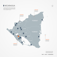 Nicaragua map with borders, cities, capital and administrative divisions. Infographic vector map. Editable layers clearly labeled.