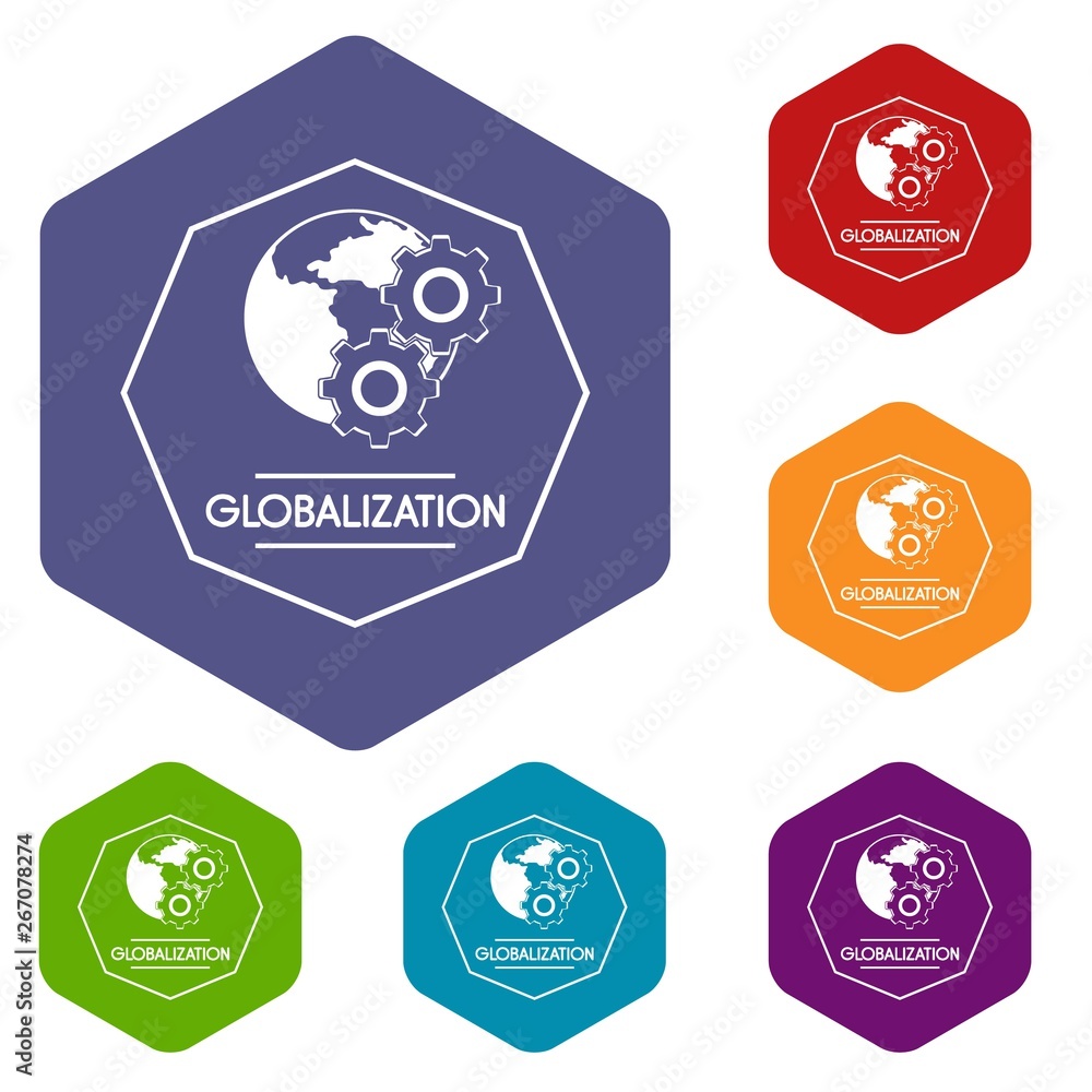 Poster globalization icons vector colorful hexahedron set collection isolated on white