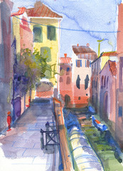 Fototapeta na wymiar Types of Venice. Watercolor sketch, greeting card, banner