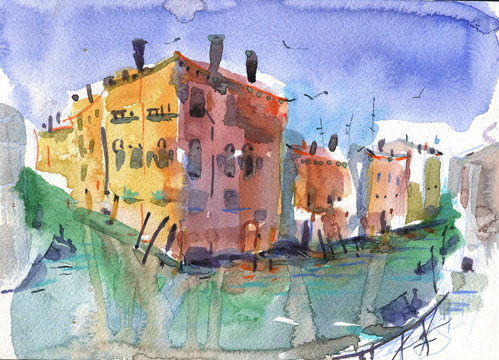 Types of Venice. Watercolor sketch, greeting card, banner