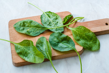 Fresh Baby Spinach Leaves on Wooden Board.
