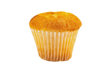 Whole baked muffin without cream in paper form isolated on white background