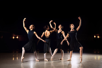 A group of ballerinas are dancing on the scene against a black background.