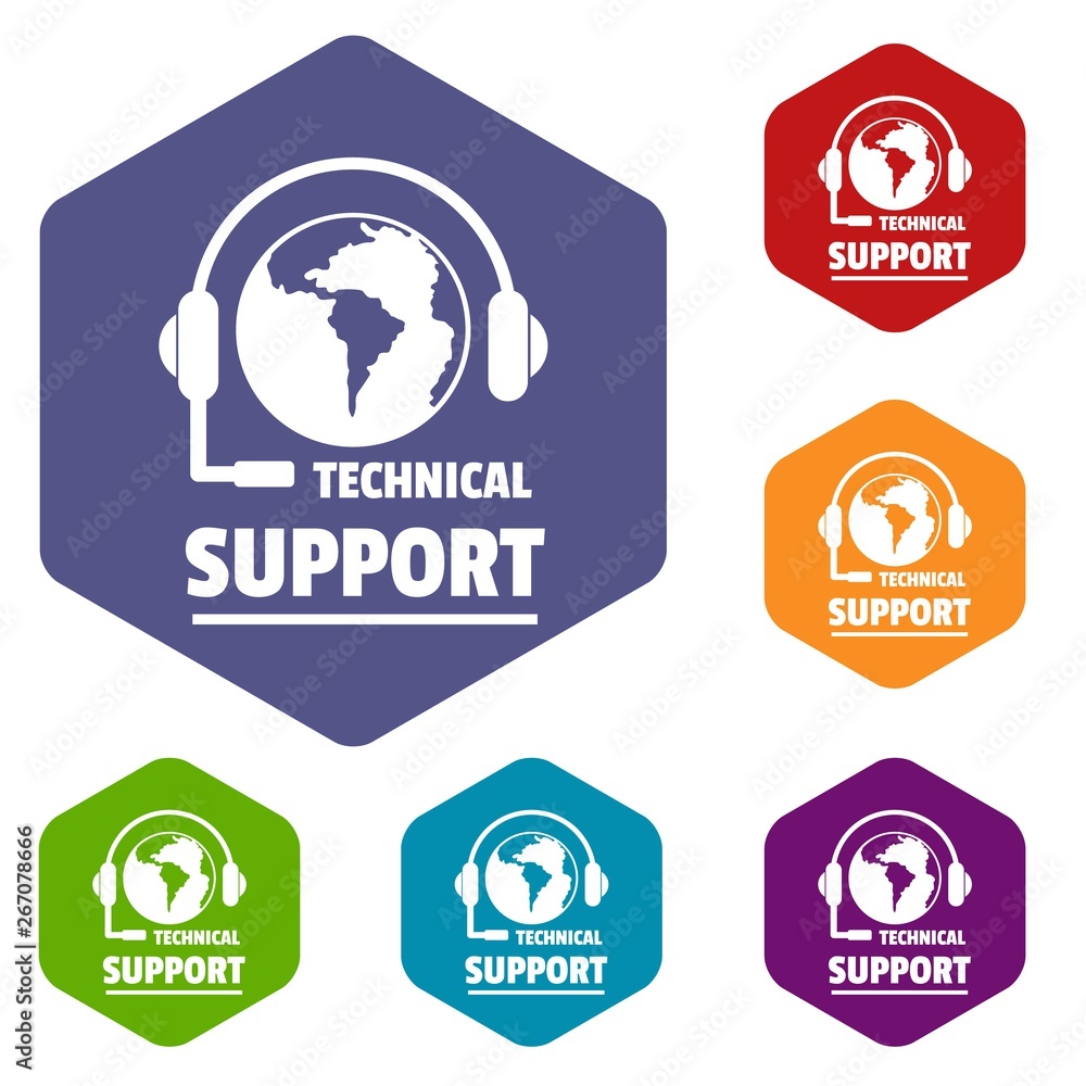 Poster technical support icons vector colorful hexahedron set collection isolated on white