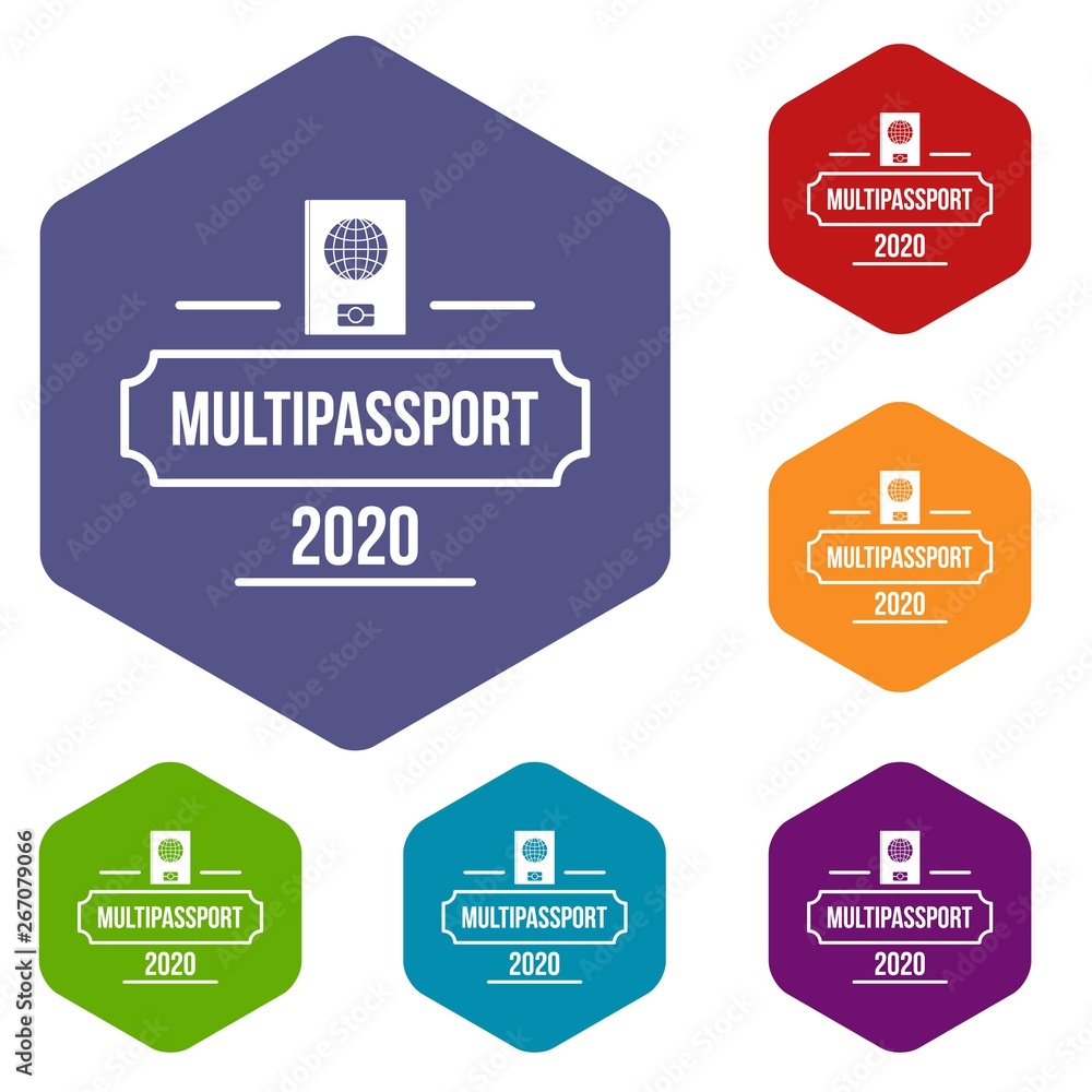 Poster passport icons vector colorful hexahedron set collection isolated on white