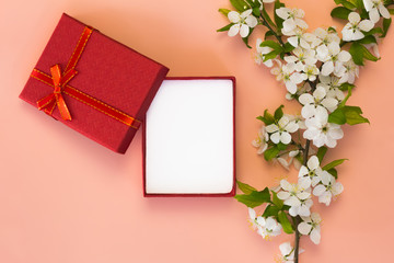 Blank card for invitation or congratulation with bunch of flowers on pink background. 