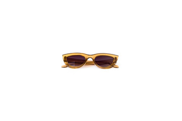 Yellow cat eye sunglasses with thick frame at isolated white background, front view folded
