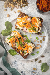 bread sandwich with cheese and vegetables, healthy breakfast, vegetarian food