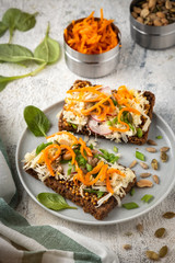 bread sandwich with cheese and vegetables; healthy breakfast; vegetarian food
