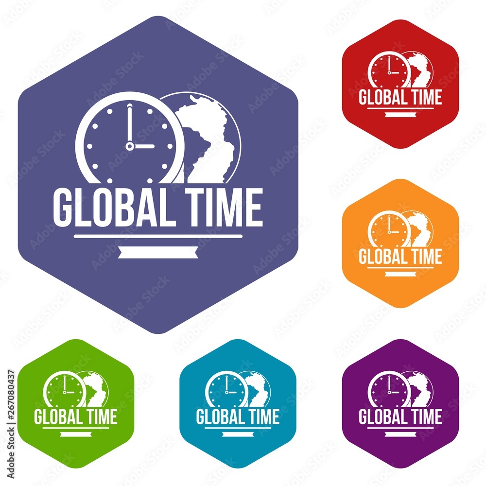 Poster global time icons vector colorful hexahedron set collection isolated on white