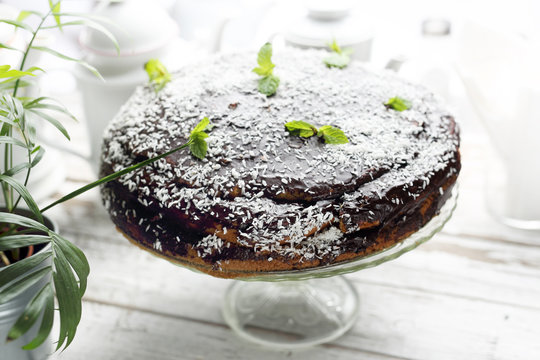 Chocolate cake with a chocolate coating and coconut chop decoration.