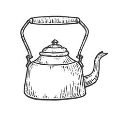 Old teapot kettle sketch engraving vector illustration. Scratch board style imitation. Hand drawn image.