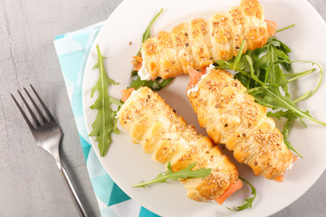 puff pastry roll with cheese cream and smoked salmon