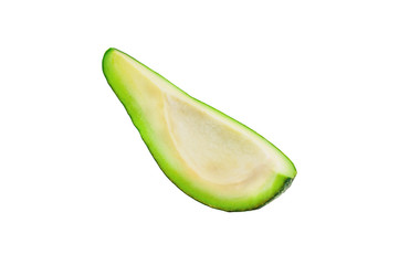 One piece of green fresh raw avocado without kernel isolated on white background. Clipping Path
