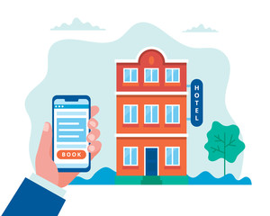 Hotel booking, searching and reservation. Hand holding a smartphone. Concept vector illustration in flat style