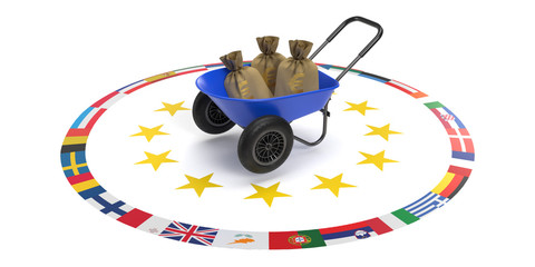 3d money bags for EU budget on white background