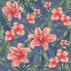 Rolgordijnen Blooming spring-summer flowers plants with branches of tropical palm trees. Seamless pattern. Vector image © podtin