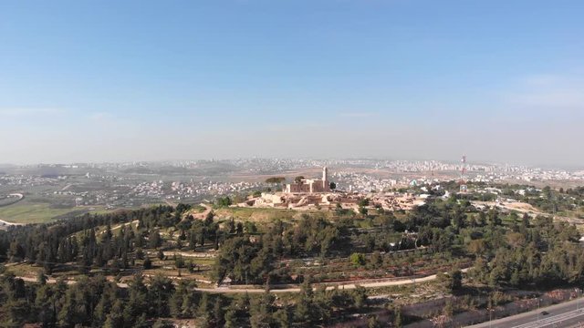 Prophet Nebi samuel national park Aerial View Daylight drone shot of nebi samuel national park near Jerusalem