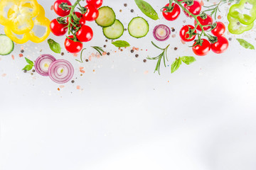 Fresh vegetables, herbs and spices on white background