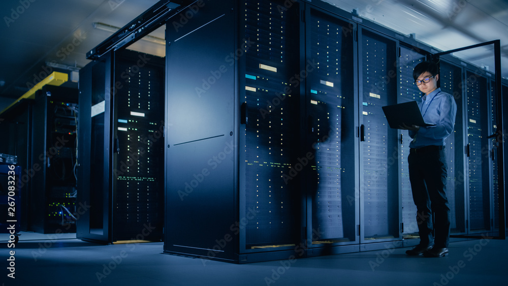 Poster In Data Center: Male IT Technician Running Maintenance Programme on a Laptop, Controls Operational Server Rack Optimal Functioning. Modern High-Tech Telecommunications Operational Super Computer.