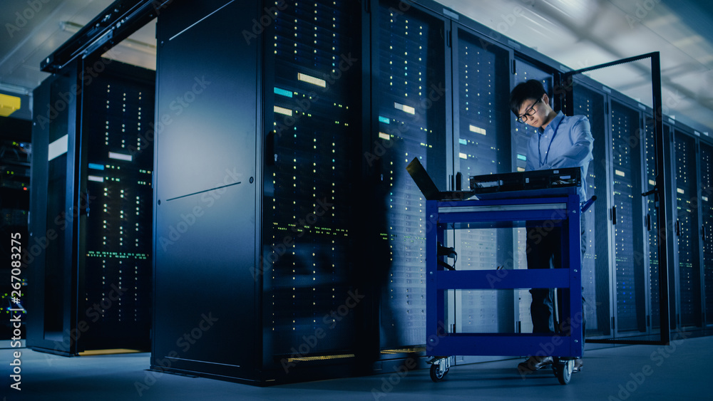 Leinwandbilder In Data Center: Male IT Technician Running Maintenance Programme on a Laptop, Controls Operational Server Rack Optimal Functioning. Modern High-Tech Telecommunications Operational Super Computer.