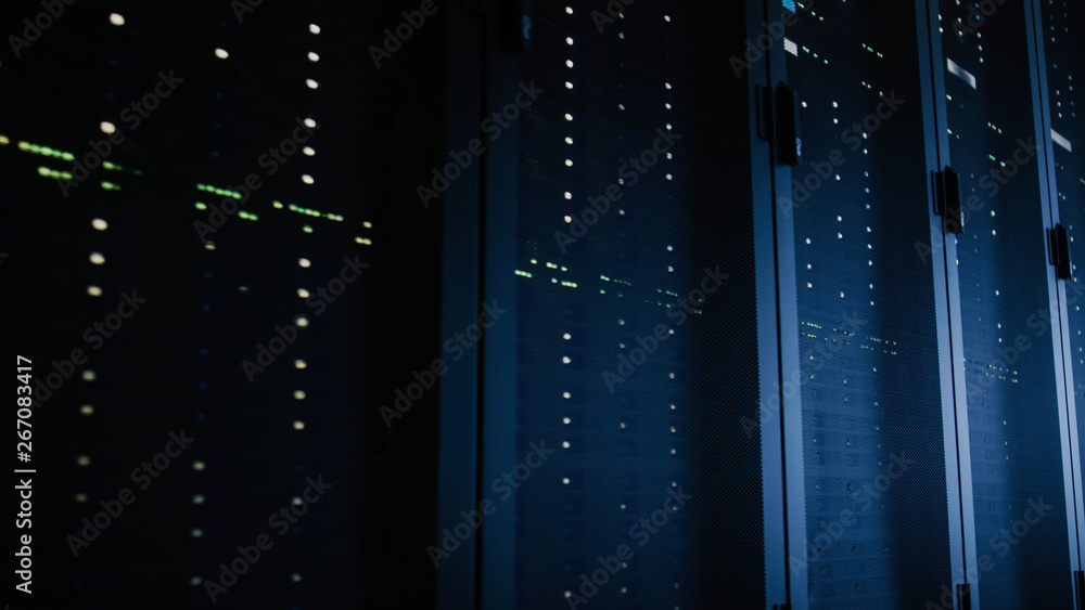 Aufkleber Close-Up Shot of Fully Operational Server Racks in Data Center. Modern Telecommunications, Cloud Computing, Artificial Intelligence, Database, Super Computer Technology Concept.