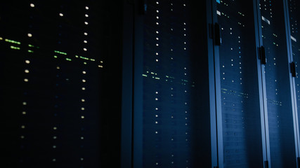 Close-Up Shot of Fully Operational Server Racks in Data Center. Modern Telecommunications, Cloud...