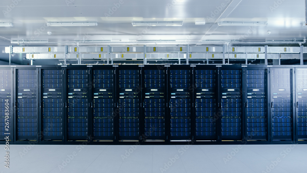 Aufkleber Shot of a Working Data Center With Rows of Rack Servers. Led Lights Blinking and Computers are Working.