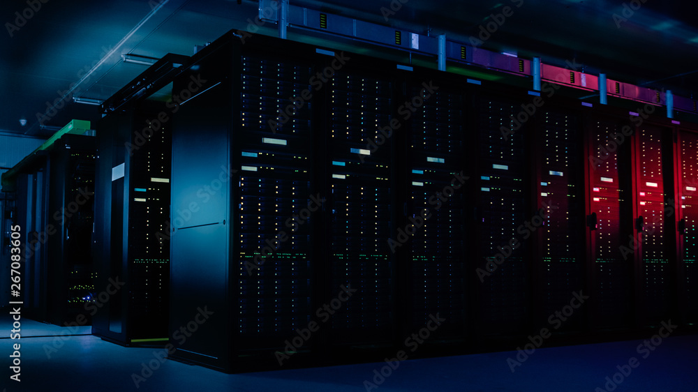 Fototapete Descending Shot of Data Center With Multiple Rows of Fully Operational Server Racks. Modern Telecommunications, Cloud Computing, Artificial Intelligence, Database, Supercomputer Technology Concept.