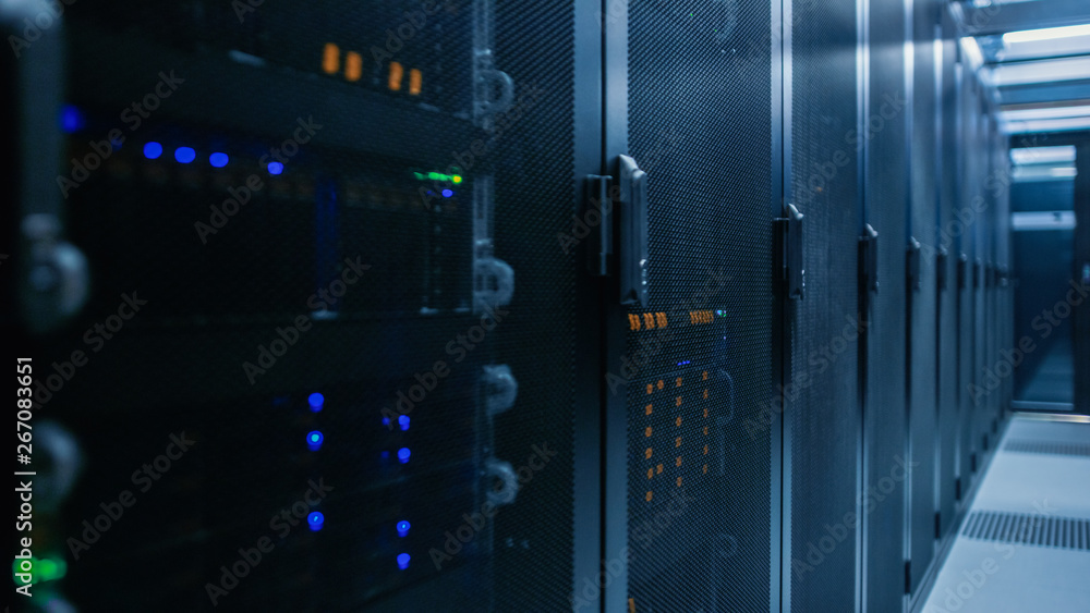 Aufkleber Close-up Shot of Data Center With Rows of Fully Operational Server Racks. Concept of Telecommunications, Cloud Computing, Artificial Intelligence, Database, Supercomputer Technology. 