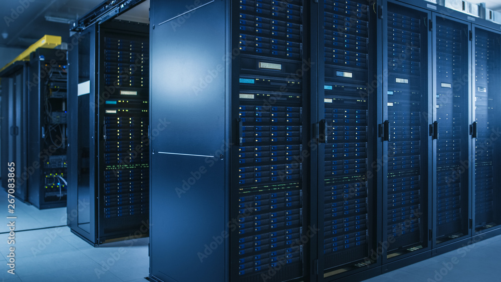 Aufkleber Shot of Modern Data Center With Multiple Rows of Operational Server Racks. Modern High-Tech Database Super Computer Clean Room.