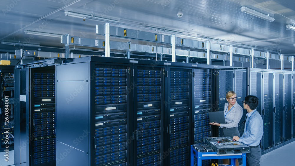 Poster In the Modern Data Center: Engineer and IT Specialist Work with Server Racks, on a Pushcart Equipment for Installing New Hardware. Specialists Doing Maintenance and Diagnostics of the Database.