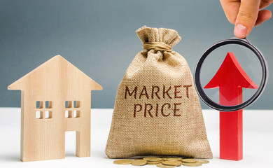 Money bag with the word Market price and an up arrow with a coins and wooden house. The concept of...