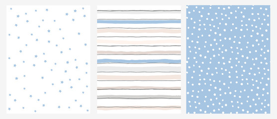 Simple Geometric Vector Pattern with Blue Stars and Stripes on a White Background and White Dots on a Blue Layout.Abstract Irregular Hand Drawn Pastel Color Design for Fabric,Printing, Wrapping Paper. - obrazy, fototapety, plakaty